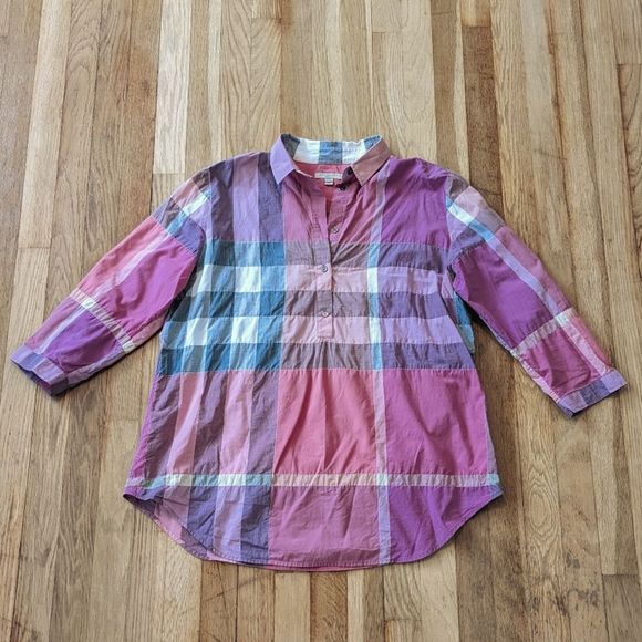 Burberry Tops - Burberry Brit pink white and gray plaid tunic half button down shirt